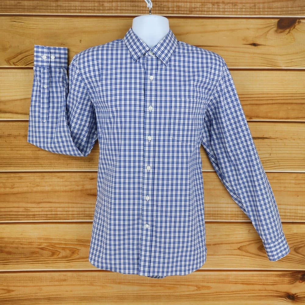 Goodthreads Dress Shirt Mens Size L Blue White Plaid Stretch Poplin Point Collar